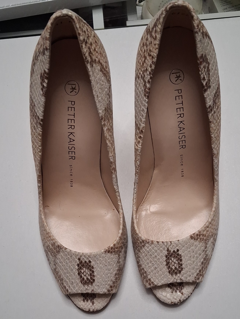 Peter Kaiser Beige Snake-Print Open-Toe Pumps